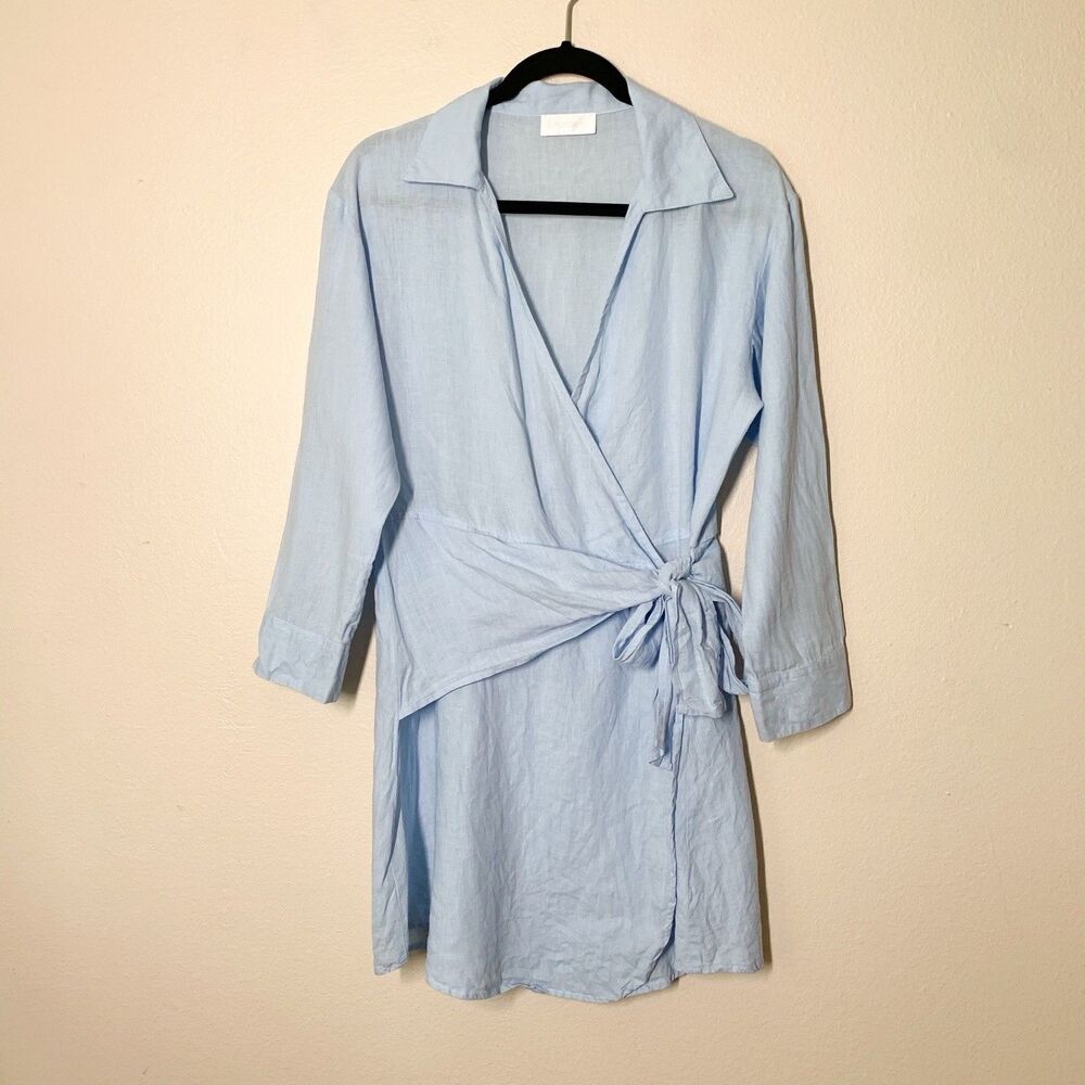 Monday Swimwear Kythira 100% Linen Wrap Mini Dress Blue S Long Sleeves V-neck